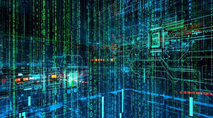 Abstract futuristic dark cyberspace with glowing vertical binary code digital data stream and electronic circuit board elements