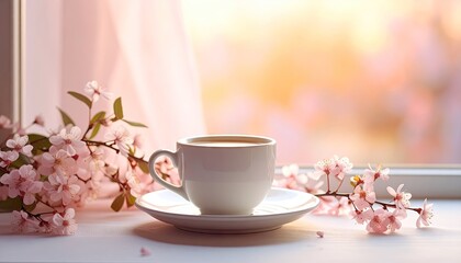 Serene White Coffee Cup on Saucer with Delicate Pink Cherry Blossoms and Soft Morning Sunlight Streaming Through Curtains