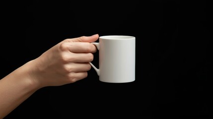 woman's hand with pale skin  holds a  white coffee cup