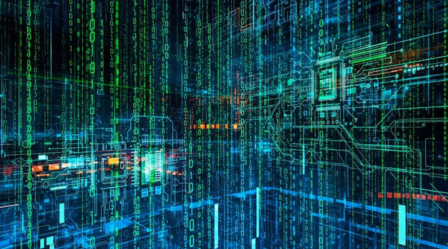 Abstract futuristic dark cyberspace with glowing vertical binary code digital data stream and electronic circuit board elements