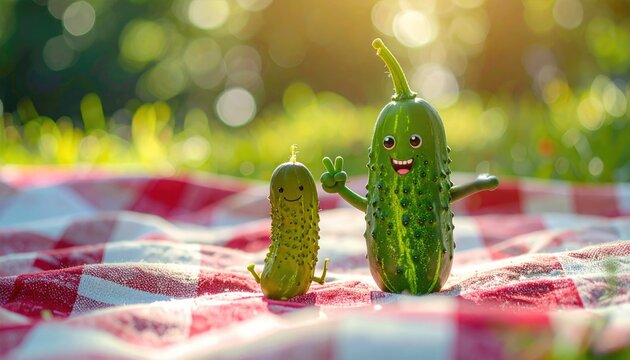 Two anthropomorphic pickles with cartoon faces smiling and waving on a red and white checkered picnic blanket in a sunlit grassy park on a summer day