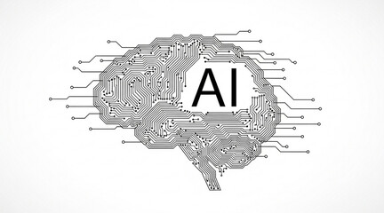 Artificial intelligence concept with human brain shape formed by electronic circuit paths illustrating digital processing power
