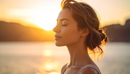 Serene Woman Meditating at Sunset by the Water with Golden Sunlight on Her Face and Soft Ocean Waves in the Background