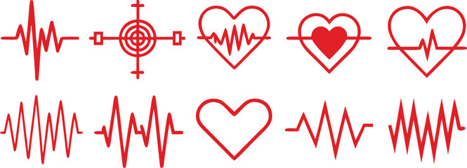 Collection of red heartbeats and cardiogram icons