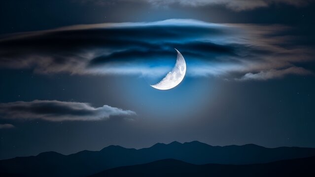 Night Sky Moon Crescent Clouds Mountain Landscape
