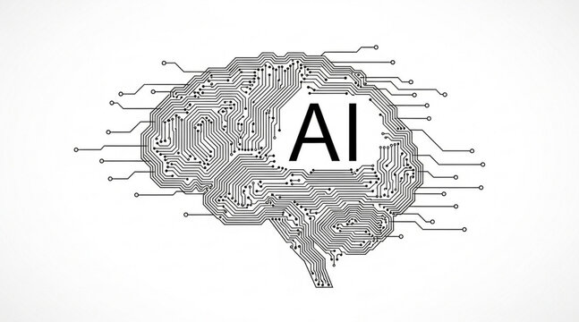 Artificial intelligence concept with human brain shape formed by electronic circuit paths illustrating digital processing power