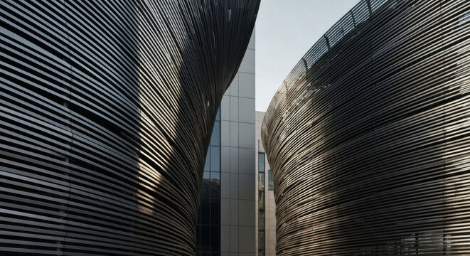 Two modern metallic buildings curve towards each other, sunlit facade details