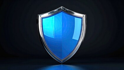 Shiny Blue Shield Emblem with Metallic Border on Dark Reflective Surface Dramatic Lighting