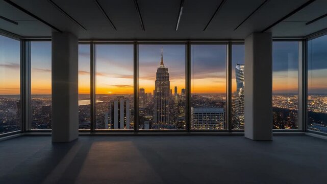 Time lapse inside a high rise office facing a window with sunset light, view of skyscrapers transitioning to night lights