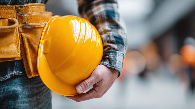 Construction worker ready for the job, holding a bright yellow helmet while wearing a tool belt. Preparing to ensure safety and productivity, embodying the spirit of hard work.
