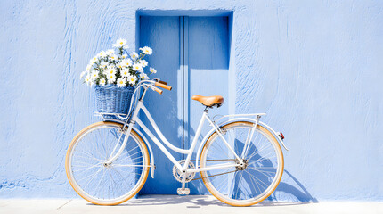 White bicycle with daisies in a basket against a pastel blue wall