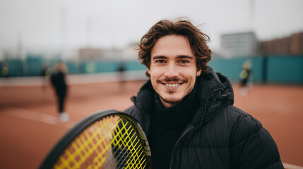 A smiling tennis player in a black jacket on the court with a racket in hand. Ready for a game, he brings energy and focus. The court awaits, a perfect day for tennis.