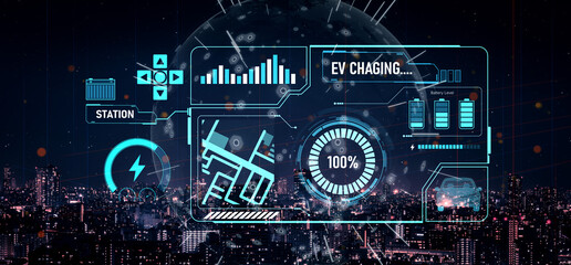 Charging interface for electric vehicles showing real-time battery level, charging status, power output, station location, and navigation for efficient energy management Vouch