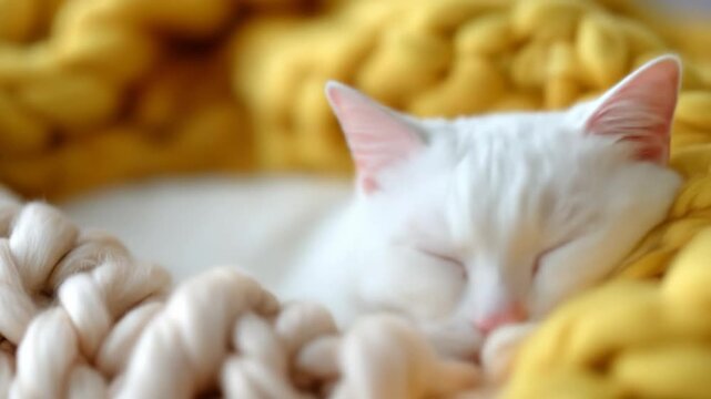 White cat sleeping comfortably on knitted blanket soft and cozy indoor scene