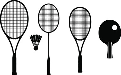 Collection of badminton tennis and table tennis rackets and shuttlecocks