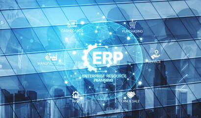 ERP platform visual showing centralized system for enterprise resource planning, improving integration, data flow, business efficiency, finance, inventory, and human resources. Spline