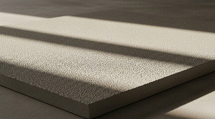 Close up of rough beige textured acoustic sound absorbing panel or soundproofing material with strong shadow cast across surface