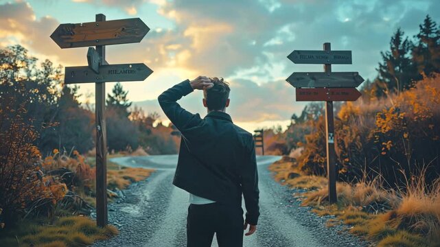 Man standing at a crossroads with multiple directional signs, symbolizing confusion, choice, and decisions.