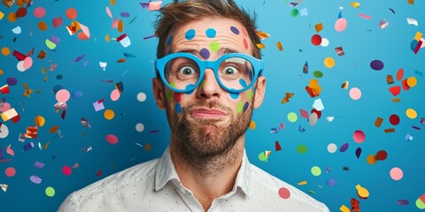 A joyful man in playful oversized glasses is surrounded by colorful confetti, capturing a moment of celebration that radiates happiness and fun during a festive occasion.