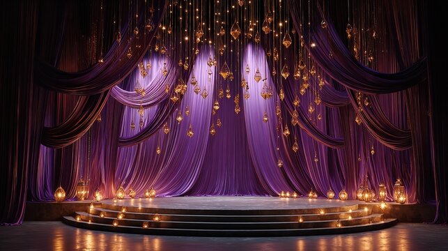 Elegant stage adorned with purple curtains and hanging golden ornaments creates a magical atmosphere for events and theatrical performances