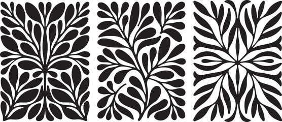 Three abstract black and white floral patterns with organic shapes and repeating motifs in a modern artistic style