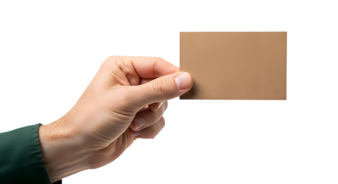 Hand holding a blank brown rectangular card against a black background