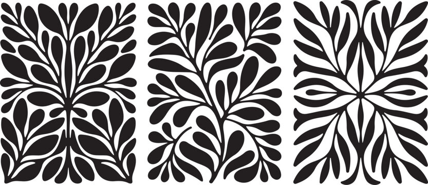 Three abstract black and white floral patterns with organic shapes and repeating motifs in a modern artistic style
