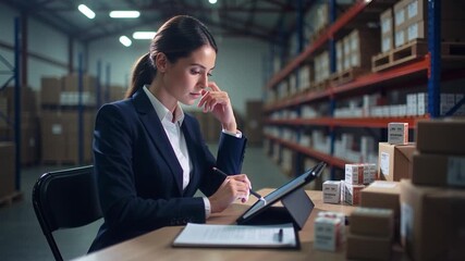 Businesswoman warehouse inventory tablet logistics supply boxes shelves shipping management digital world map and global network, data connection and visualization technology neon blue cyberspace - Powered by Adobe