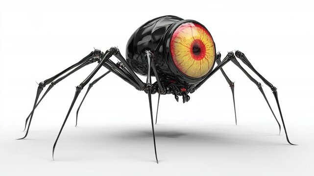 Surreal robot spider cybernetic insect cyborg with mechanical eye and giant eyeball, glossy black red iris pupil, biomechanical arachnid creature futuristic horror sci fi art digital render intricate