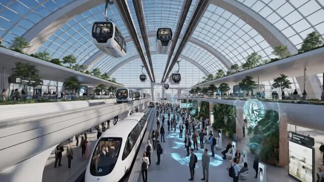 Futuristic Transit Hub: Sleek Pods, Monorails, and Sky-Cabs in a Vibrant, Green Urban Station