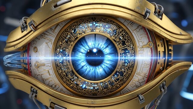 Futuristic Eye with Mechanical and Digital Elements in Gold and Blue Colors - Powered by Adobe