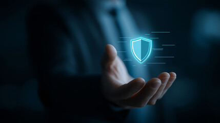 Businessman hand holding glowing digital shield icon, symbolizing cybersecurity, data protection, privacy, and secure technology in modern corporate environment
