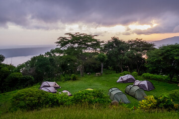 Camping at Laguna de Apoyo in Catarina, Nicaragua at sunrise