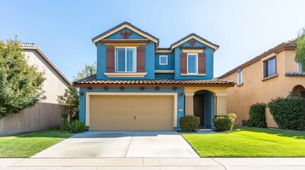 Two-story blue house, sunny suburb, landscaped yard, real estate