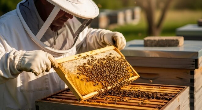 Beekeeper man wearing protective suit holding honeycomb frame with bees. Apiarist checking beehive for honey production and healthy colony development.