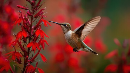 Elegance in Flight: Ruby-throated Hummingbird Amidst Vibrant Lobelia Cardinalis Blossoms