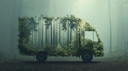 An evocative image merging transportation with nature, creating a forest within a truck's form, conveying themes of eco-friendly transportation, sustainability, and environmental awareness.