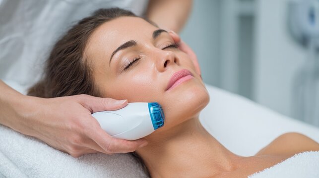 Facial rejuvenation therapy using an advanced cosmetic device. A beautician is treating the skin of a young woman with a modern gadget. A relaxing spa and beauty treatment.