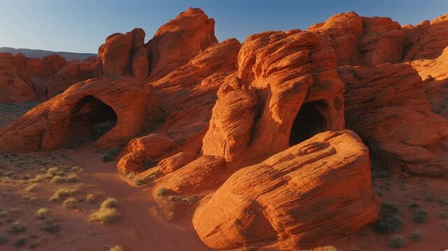 Aerial drone view gliding over vibrant red sandstone landscape showcasing dramatic natural rock formations