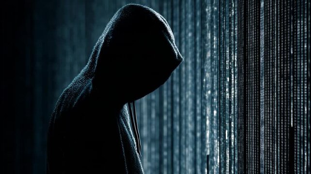 Hacker silhouette dark hoodie, cyber security data breach amid binary code and digital matrix, anonymous figure with moody lighting and shadow profile suggests suspense and tension covert cybercrime
