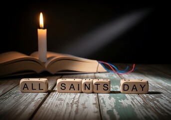 a softly lit image featuring an open book a single burning candle and wooden blocks spelling out all saints day on a rustic surface