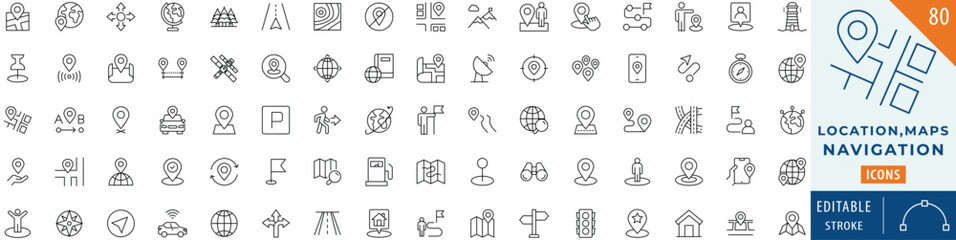 Location, Maps, Navigation icon collection set. Editable stroke.