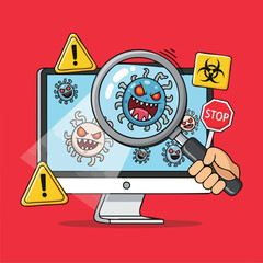 Digital threat analysis computer screen magnifying glass showing menacing viruses warning symbols present