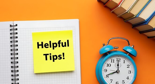 Helpful tips note on spiral notebook with alarm clock and books