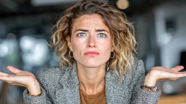Woman with a puzzled expression, hands up in a gesture of uncertainty