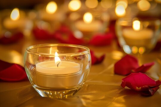 A serene and romantic scene featuring candles and rose petals, creating an intimate atmosphere perfect for love and connection, ideal for special moments like anniversaries or proposals.