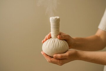 Horizontal image showing hands gently holding a warm herbal compress ball releasing soft steam, set against a soothing neutral background, evoking relaxation, natural wellness rituals, spa therapy