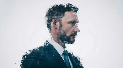 A stylized portrait of a man blending into an abstract background, showcasing a modern artistic interpretation.