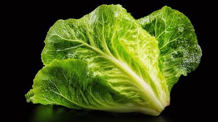 Close-up of romaine lettuce leaves on a black backdrop showcasing freshness and vibrant green color, perfect for culinary and healthy eating content. Highlighting details and texture.