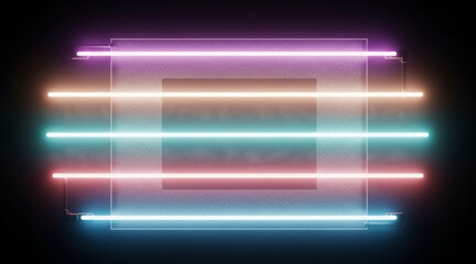Abstract bright neon light rectangular frame with glowing horizontal lamps vibrant colorful illumination on dark background